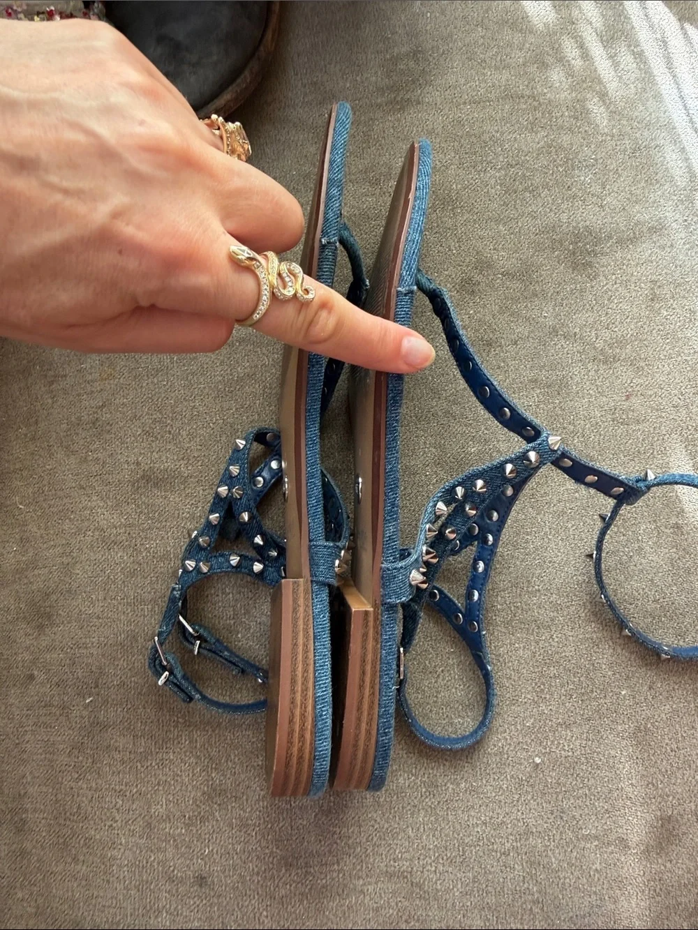 Zara Denim gladiator Studded T-Strap Sandals Blue denim silver flats strappy 40